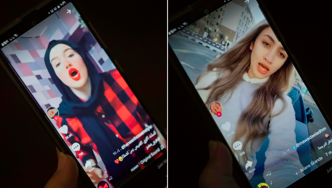 Egyptian influencers Haneen Hossam (left) and Mowada al-Adham (right), who were sentenced to two years in prison on charges of violating public morals.